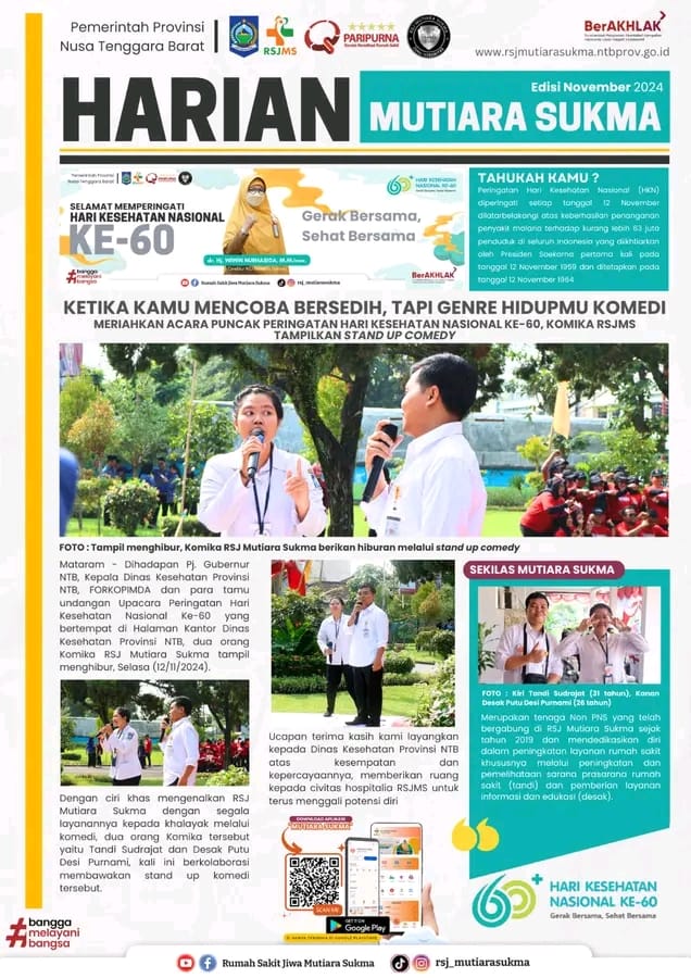 KETIKA KAMU MENCOBA BERSEDIH, TAPI GENRE HIDUPMU KOMEDI : MERIAHKAN ACARA PUNCAK PERINGATAN HARI KESEHATAN NASIONAL KE - 60 , KOMIKA RSJMS TAMPILKAN STAND UP COMEDY